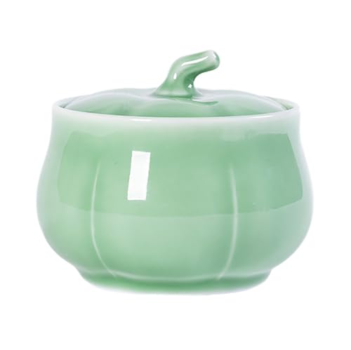 Sizikato Celadon Condiment Pot with Lid, Pumpkin Stripe Salt Bowl for Kitchen, 4-Inch