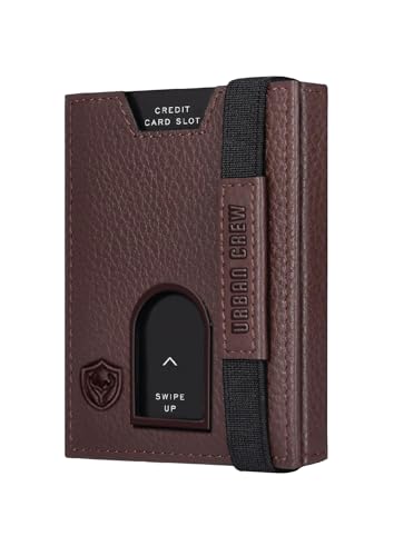 Image of URBAN CREW Smart Slim Wallet for Men - RFID Blocking Leather Card Holder with Swipe-Up Slot & Elastic Strap - Minimalist Front Pocket Wallet (Brown)