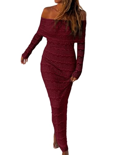 GORGLITTER Damen Spitze Kleid Elegant Off Shoulder Maxikleid mit Spitzen Langarm Bodyconkleid Figurbetontes Spitzekleid Schulterfreies Kleid Bordeaux...