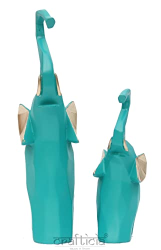 Image of Resin Elephant Pair Showpiece Geometrical Animal Figurine for Table Top Good Luck Vaastu (9 & 6 inch, Green)