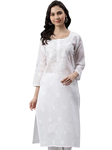 Ada Indian Hand Embroidered Chikankari Womens Cotton Kurta Kurti Tunic A208441 (Small, White)