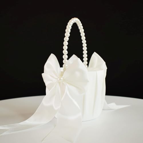 ATAILOVE Flower Girl Baskets and Ring Bearer Pillow Set, Flower Girl Basket with Pearl Handle, Ivory Fariy Wedding Baskets for Flower Girls, Ring Pillow for Ring Boy - Thumbnail 4