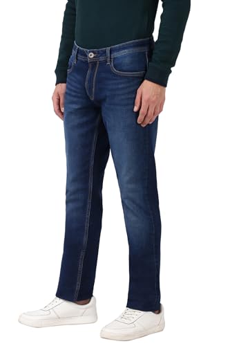 Image of Peter England Men's Slim Fit Mid Rise Navy Light Wash Wash Slim Tape Fit Jeans