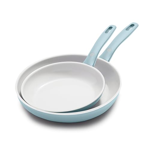 Greenpan Dover - Juego de sartenes antiadherentes de cerámica saludable, 8 y 10 pulgadas, sin PFAS, aptas para lavavajillas, mango de agarre cómodo, azul neblina