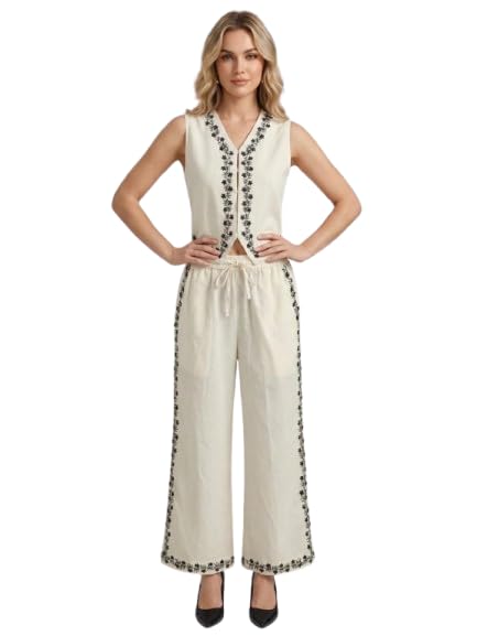 9 impression Women Cotton Floral Embroidered Waistcoat and Trouser Co Ord Set-picture-27