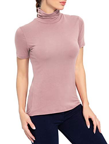 Image of AUHEGN Women's Mock Turtleneck Top Short Sleeve Lightweight Active T-Shirt (S-XXL)
