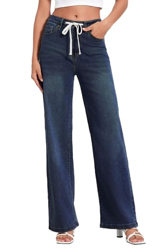 Allimy Womens Drawstring High Waist Wide Leg Jeans Straight Leg Washed Denim Jeans Pants3