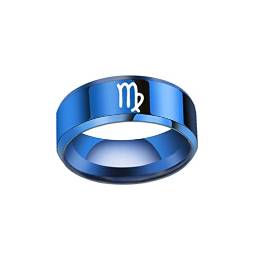 OAKKY Hip Hop 12 Constellation Zodiaque Biker Bague Unisexe Acier Inoxydable Astrologie Bijoux Cadeau Biseauté Bords Vierge Bleu Taille 65 Cover