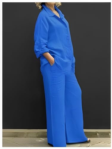 Womens Oversized 2 Piece Outfits Plus Size Loose Long Sleeve V Neck Tops and Wide Leg Pants Suits with Pockets2