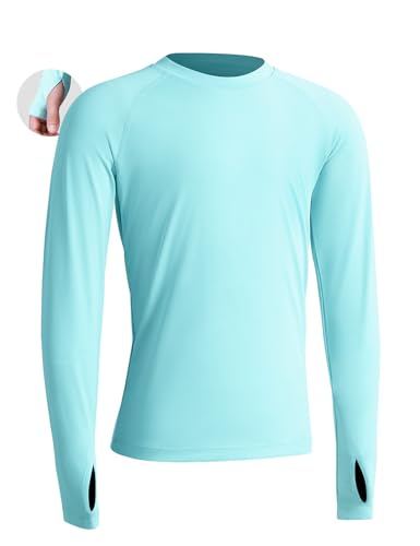 Niksa UPF 50+ Boys Swim Shirt,Kids Rash Guard with Thumb Holes,Quick-Drying Boys Rash Guard Long Sleeve for Beach,Swim,Surf,Lake Green,L