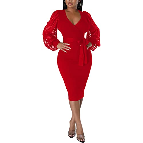 Image of BOGURST Semi Formal Church Dresses for Women Bishop Sleeve Sexy V Neck Bodycon Midi Dresses