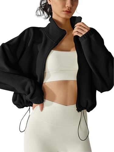 SHELOOKS Womens Fleece Short Jacket Long Sleeve Full Zip Stand