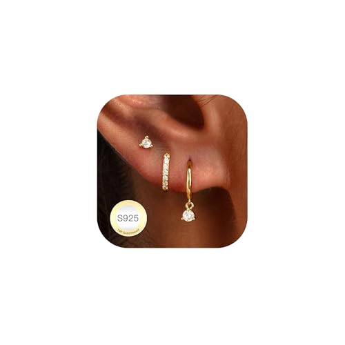 HARJJME 3 Paires Boucles d'oreilles Femme Argent 925/ Plaquée Or 14 Carats Petites Créoles Clous...