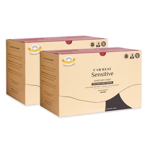 Image of Carmesi Sensitive Sanitary Pads - 60 Pads (XXL) - Certified 100% Rash-Free by Gynecologist - Natural Plant Top Sheet - No Fragrance, No Chlorine - With Disposal Bags
