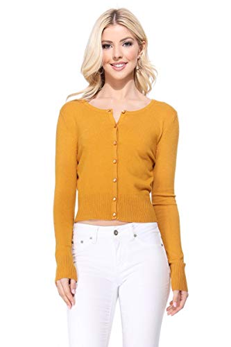 Image of Women's Cropped Cardigan Sweater - Long Sleeve Crewneck Basic Classic Casual Button Down Knit Soft Lightweight Top