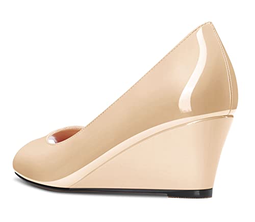 HEUIVZAR Women Wedge Pumps Open Peep Toe Mid Low Heel Slip-on Patent Dress Shoes Classic 2 Inch3