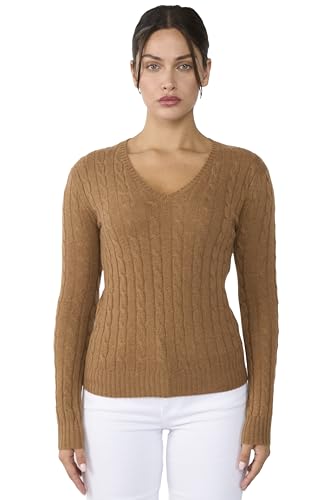 JENNIE LIU Women's 100% Cashmere Cable-Knit Long Sleeve Pullover V Neck Sweater
