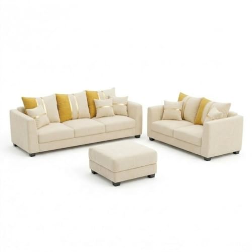 Image of Vero Plush Comfort Sofa Set | 3 Seater + 2 Seater with Ottoman | Luxury Velvet Suede Fabric | Modern Living Room Sofa | Cream