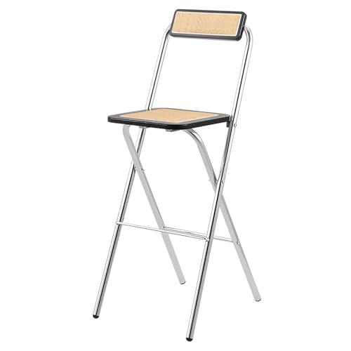 Sgabello da Cucina Piegehevole con Seduta e Schienale in Vimini Intrecciato, Sedia da Bar Compatta for Adulti con Struttura Metallica Portante 120kg(Zwart,65cm/26in)