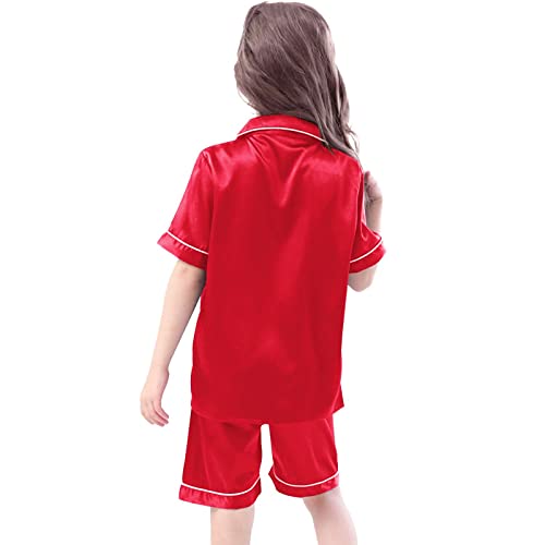 Little Girls Boys Silk 𝗣ajamas Set Summer Satin Short Sleeve 𝗣js 2PC Cute Kids Toddler Baby Solid Button Down Sl𝐞epwear2