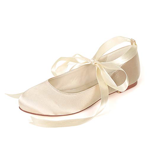 Women Flat Bridal Shoes Satin Ribbon Ballet Pumps Lace Up Closed Toe Wedding Prom Shoes