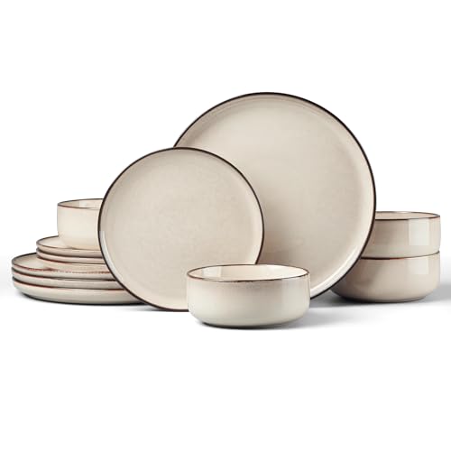 HaWare Dinner Set, 12 Piece Stoneware Dinnerware Service for 4, Reactive Glaze Dining Ware Include Plates and Bowls, Chip and Scratch Resistant, Microwave & Dishwasher Safe, Cream Khaki