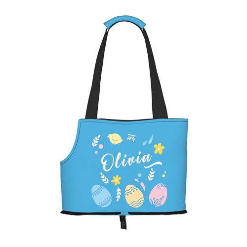 Personalized Pet Carrier, Custom Easter Blue Background with Cartoon Chicken Leaves Eggs Pattern Foldable Soft-Sided Puppy Name Carrier Purse Tote Bags Breathable Outdoor Pet Carriers for Small Pets
