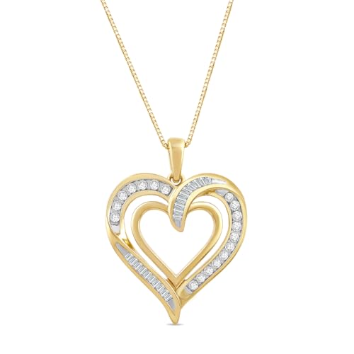 Jewelili Heart Pendant Necklace for Women | Fine Jewelry with Natural White Round & Baguette Diamonds 1/4 or 1/2 CTW | Sterling Silver or Yellow / Rose Gold Plated | 18