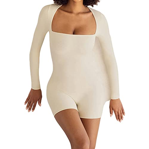 Sastianaen Women’s Y2K Long Sleeve Short Jumpsuit Solid Color Square Neck Romper Bodycon One Piece Bodysuit (A-White, M) #TOP1