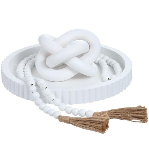 Best Tray Decor for Coffee Table: Rustic Elegance for Every Living Room 4 Novabright 3 Pcs White Farmhouse Decorative Tray Set for Coffee Table Wooden Round Tray, Bead Garland with Tassels, Wood Knot Chain Link Decor for Table Entryway Living Room and Kitchen