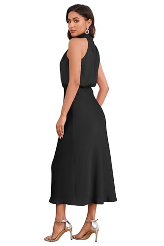 Image of Women's Satin Maxi Dress Summer Formal Wedding Guest Cocktail Dress | Mock Neck Sleeveless,Elegant Silk Midi Long Dress,High Neck,Halter,Aline,Bridesmaid,Bridal Shower Guest,Garden Party,Dinner