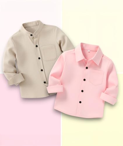 Image of Boys Mandarin Collar Shirt with Chest Pocket Beige and Rama Blue Color, Long Sleeve Button-Down Casual Shirt Pack of 2
