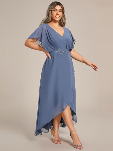 Image of Ever-Pretty Plus Women's V Neck Applique Plus Size Wedding Guest Dress Short Sleeves Maxi Formal Dresses Dusty Navy US20