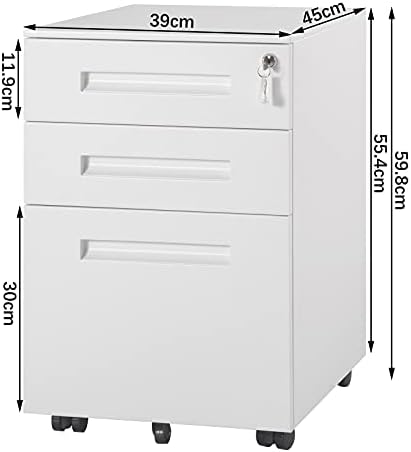 WOLTU SK023ws metalowa szafka na akta, szafka biurowa z 3 szufladami, zamykany i regulowany spis wiszący, wstępnie zmontowany, biuro, Home Office biały