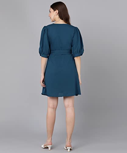 Image of Serein Women's Mini Dress (Teal Blue Solid Crepe Dress with Puff Sleeves, v-Neck & Waist Belt) (Teal Blue, X-Large)