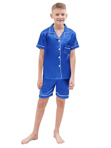 Kids Satin Pajamas Set, 2 Pieces Silk Button Down Shorts Sleepwear Outfit, Royal Blue, 4-5T = Tag 120