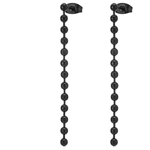 Mens Womens Stainless Steel Black Long Ball Chain Stud Earrings, Drop Dangle, 2 pcs Cover