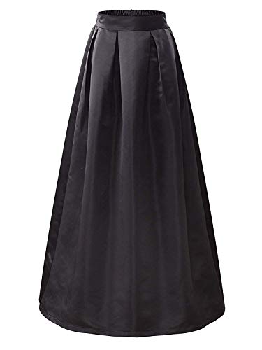 Diydress Womens Long Satin Flared Maxi Skirt Floor Length Elastic High Waist Fomal Prom Party Skirts with Pockets Black