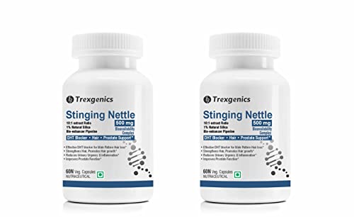 Image of Trexgenics STINGING NETTLE (1% Natural Silica) 500mg with with Bio-enhancer Piperine 5mg DHT Blocker, Hair growth, Prostate Support (60 Veg capsules) (2 Pack)