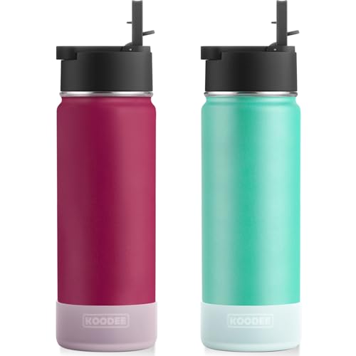 Image of koodee 2 Pack Water Bottle 22 oz Stainless Steel Insulated Water Bottle With Straw Reusable BPA Free,Sports Water Bottle for Boys (Fuchsia Red-Teal)