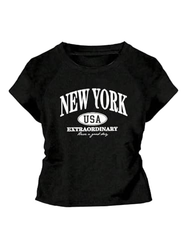 Girl's Letter Graphic Tees Crewneck Short Sleeve Fitted T Shirts Preppy Summer Tops