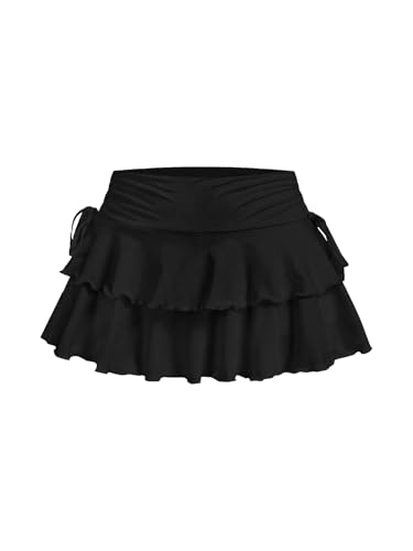 SOFIA'S CHOICE Women Ruffle Layered Mini Skirt Side Drawstring Flowy A Line Tiered Skirt Black Small