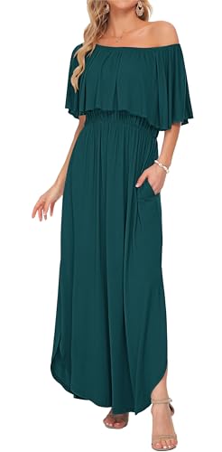 Image of AUSELILY Womens Off Shoulder Ruffle Split Summer Maxi Dresses with Pockets | Off-shoulder Ruffle dress with empire waist & side split for summer beach and casual parties