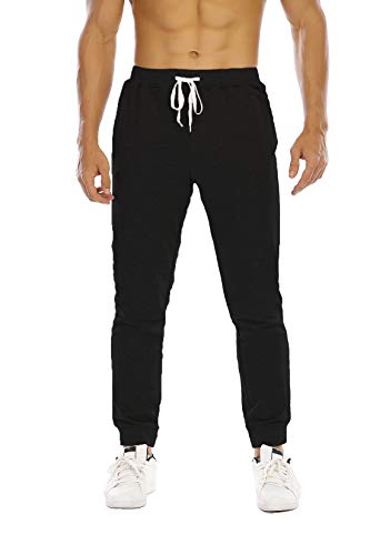 Hidyliu Mens Elastic Waist Drawstring Workout Joggers Sweatpants Casual Cuffed Ankle Sweats Pants with Pockets (Black Sweatpants, M)