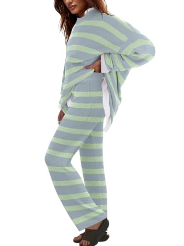 Image of LAMISSCHE Oversized Womens Lounge Set Striped Sweater Set Long Sleeve 2 Piece Pajama Set Top and Pants with Pockets