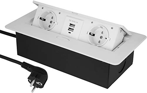 Enchufe empotrable retráctil 2 + USB – Aluminio fundido – Apertura suave – Cable de conexión 3 m con enchufe de protección – Color Blanco