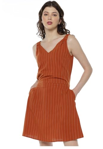 Vestido de Algodão Listrado Curto Sob Terracota tamanho:G;cor:Laranja