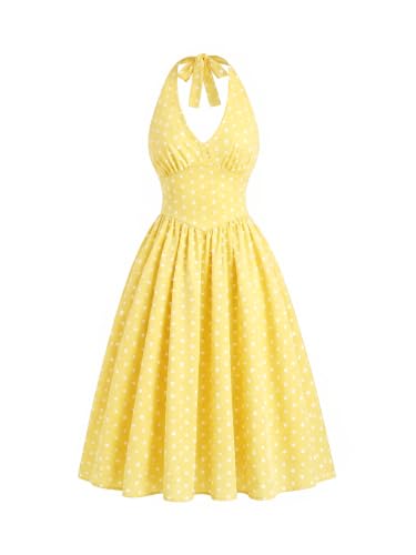Image of Aahwan Polka Dots Halter Long Dress Backless A Line Flared Vintage Party Club Dresses for Women's & Girl's