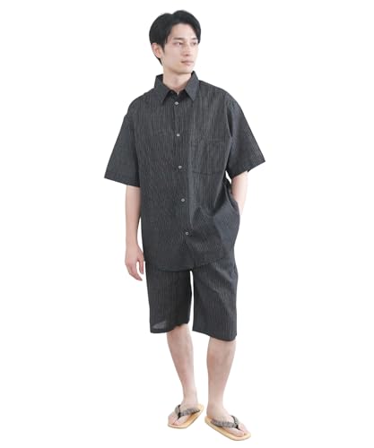 [KYOETSU] [キョウエツ] 甚平 メンズ シャツ 単品 じんべい しじら織り 男性 パジャマ 綿 上下セット (1.シンプル細縞×黒(半ズボン), L)