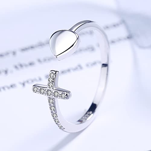 925 Sterling Silver Handmade Ring Adjustable Open Rings For Women And Men, Cross Heart Wedding Band Zircon Promise Ring Valentine's Day Gifts (Cross) #TOP1